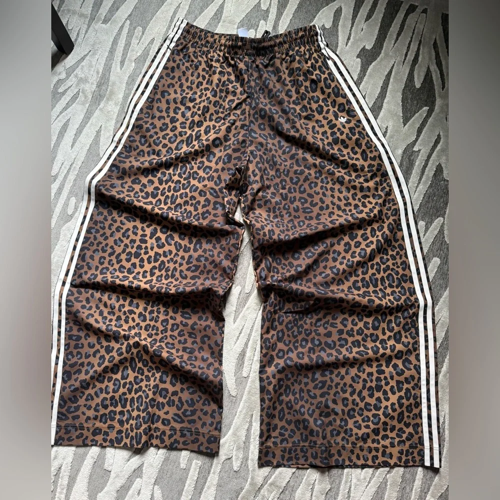 Adidas [XS-XL] Leopard Print Firebird Satin Wide Leg Track Pants - Multi JW7302 - Picture 9 of 11